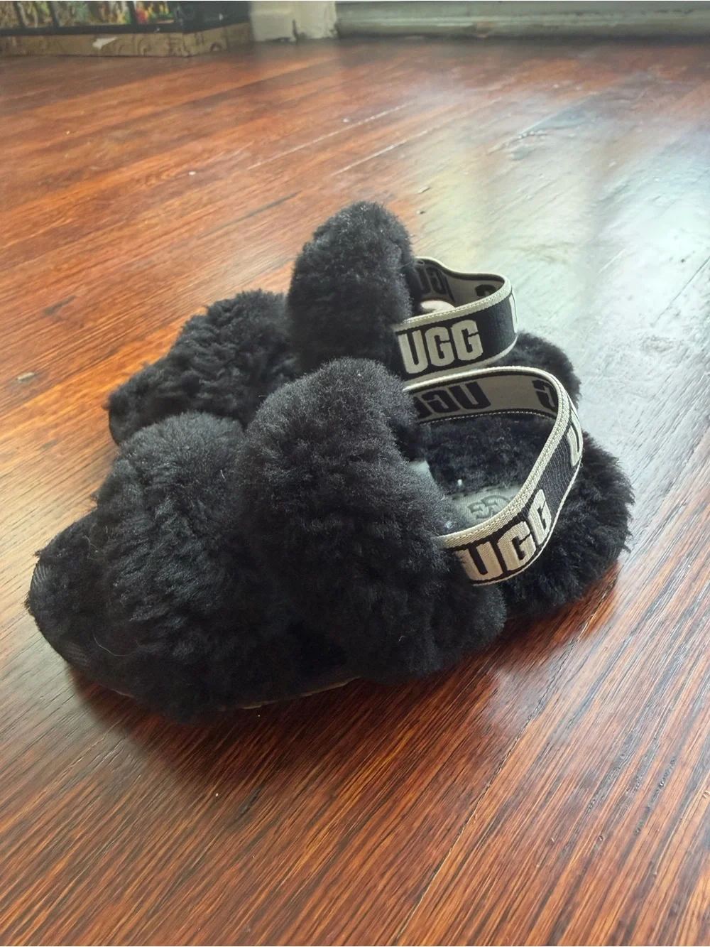 UGG‎ Black Shearling Double-Strap Slide Sandals with Branded Heel